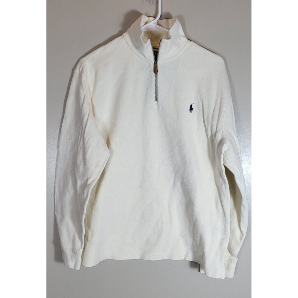 Polo Ralph Lauren Men L Ivory Cotton Quarter Zip Pullover Preppy Classic FLAW